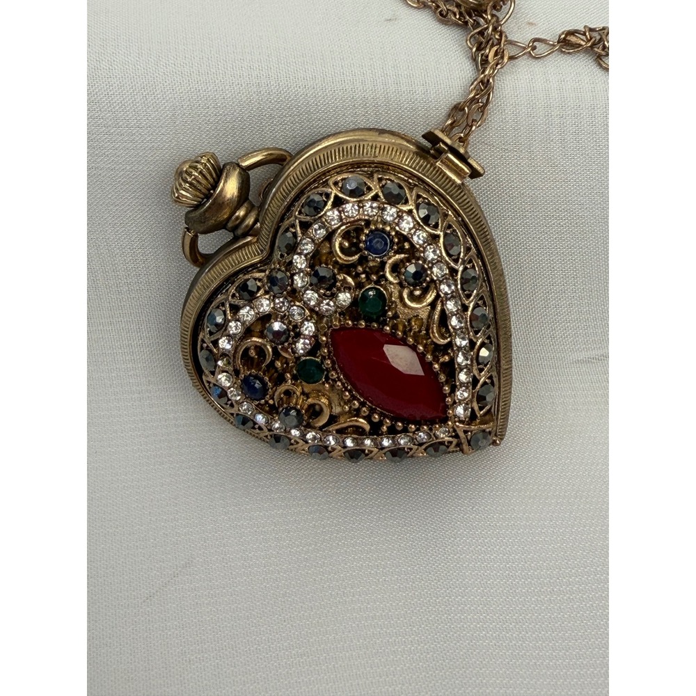 Sarah Coventry Vintage Heart Pocket Watch Necklace Gold Tone Rhinestone Filigree